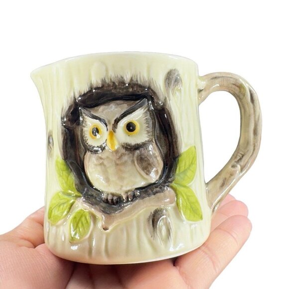 Vintage Otagiri Hand Painted 3D Owl On Branch Ceramic Small Creamer Pitcher - Picture 1 of 16